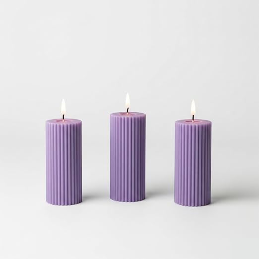 Samy Candle Cove Soy Wax Ribbed Pillar Candle Set of 3 – 2x3 Scented Candles for Home Decor, Spa, Diwali, Wedding, Valentine & X-Mass (Lavender)