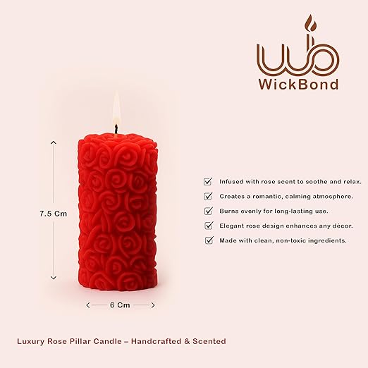 Samy Candle Cove Rose Pillar Scented Candles – Set of 2 Red Decorative Wax Candles for Home Décor & Gifting | Long-Lasting Floral Aroma | Romantic Ambience for Living Room & Bedroom (Rose)