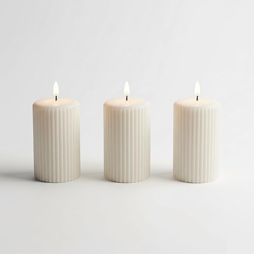 Samy Candle Cove Soy Wax Ribbed Pillar Candle Set of 3 – 2x3 Scented Candles for Home Decor, Spa, Diwali, Wedding, Valentine & X-Mass (Vanilla)