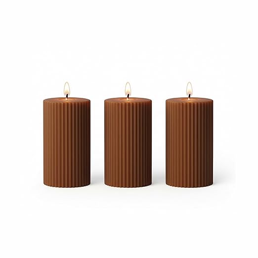 Samy Candle Cove Soy Wax Ribbed Pillar Candle Set of 3 – 2x3 Scented Candles for Home Decor, Spa, Diwali, Wedding, Valentine & X-Mass (Sandalwood)