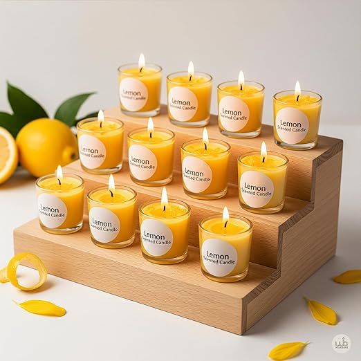 Samy Candle Cove Votive Candle Set of 12 – Glass Filled Candles with Natural Wax & Lead-Free Wicks | 10-Hour Burn Time | Clean Burning, Non-Toxic | Ideal for Home Décor, Events & Gifting (Lemon))
