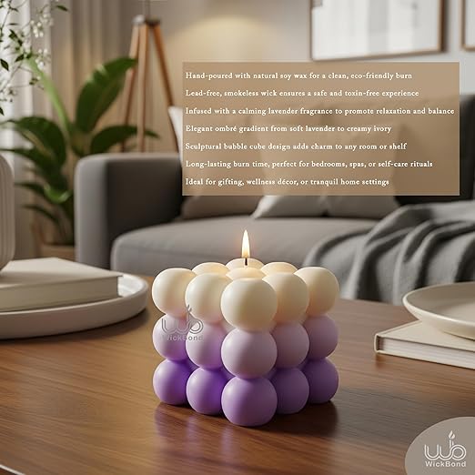 Samy Candle Cove Ombre Bubble Candle – Hand-Poured Scented Soy Wax Pastel Cube for Aesthetic Room Decor & Gifting (Set of 2) (Lavender)