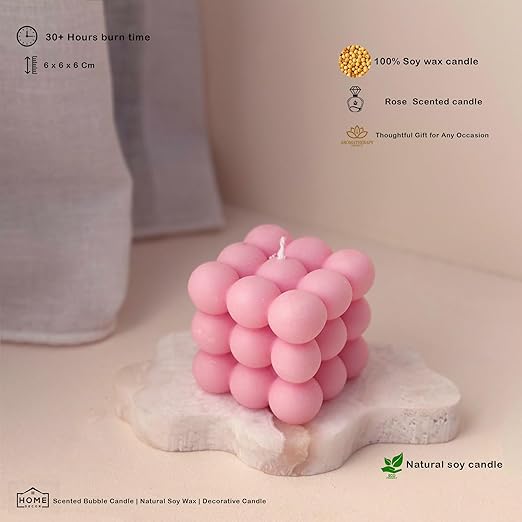 Samy Candle Cove Scented Bubble Candles, Set of 2 Handmade Soy Wax Cube Candles, Home Decor and Gifting (Rose)