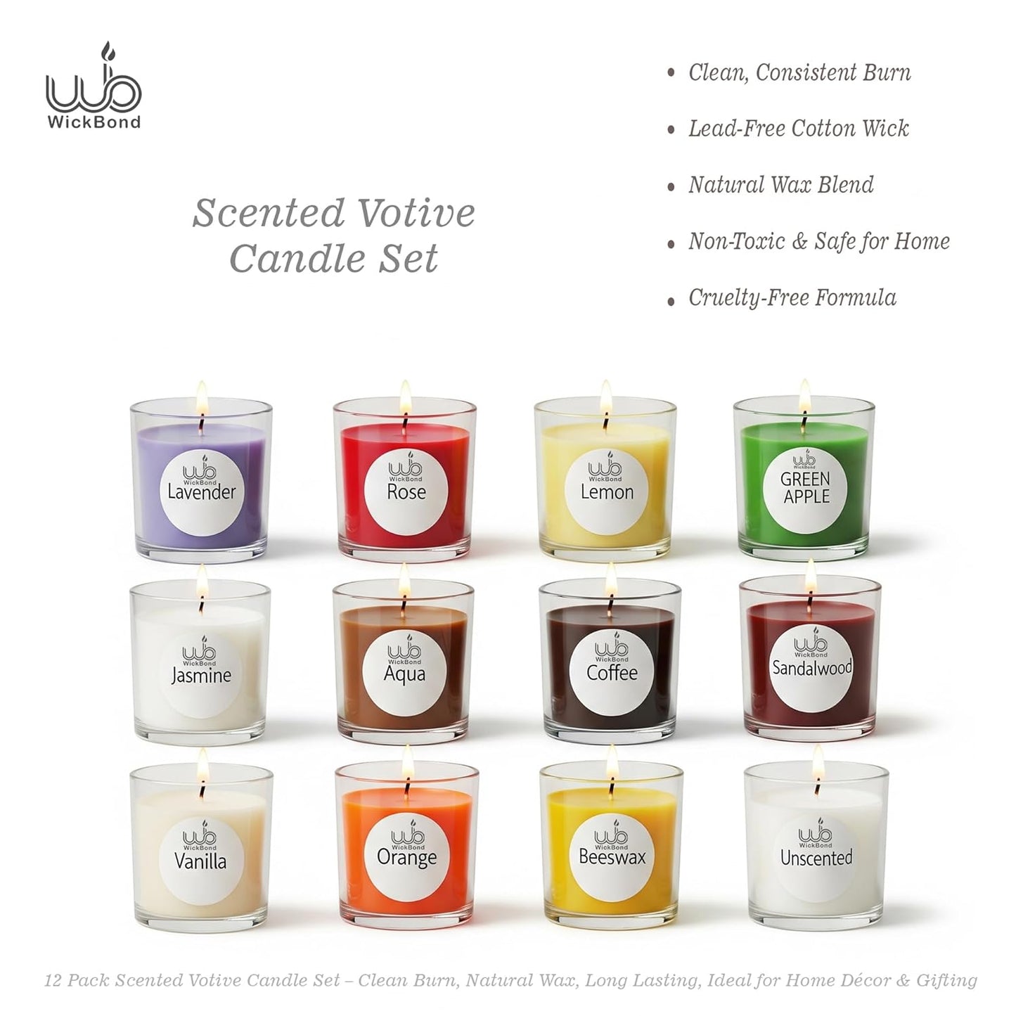 Samy Candle Cove Votive Candle Set of 12 – Glass Filled Candles with Natural Wax & Lead-Free Wicks | 10-Hour Burn Time | Clean Burning, Non-Toxic | Ideal for Home Décor, Events & Gifting (Lavender))