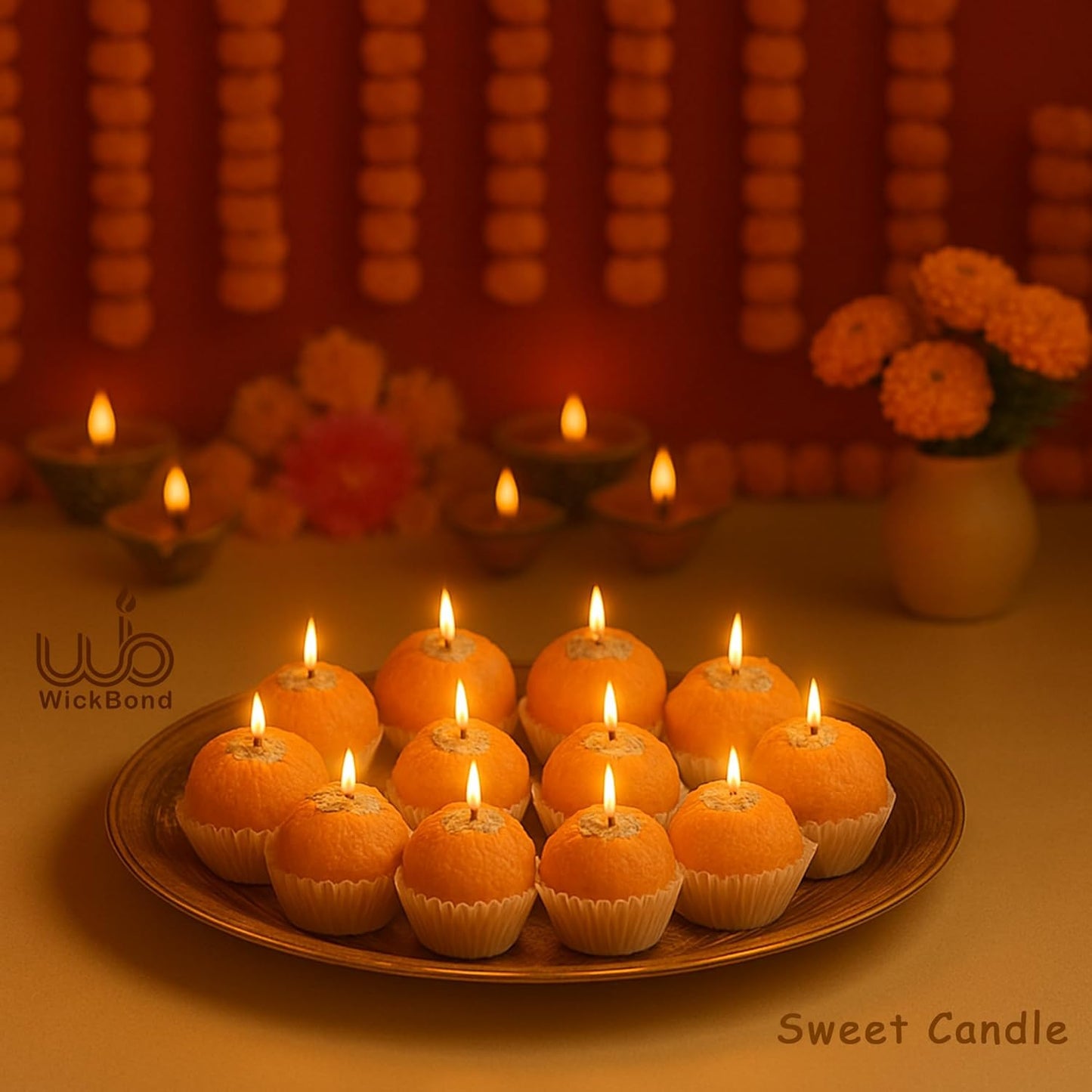 Samy Candle Cove Motichoor Ladoo Scented Candle | Handcrafted Soy Wax Sweet Aroma Candle for Diwali, Pooja, Gifting & Home Décor | Realistic Mithai Look | Set of 12