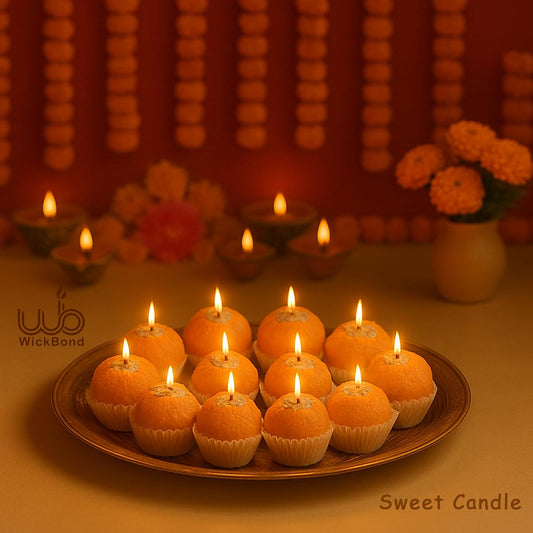 Samy Candle Cove Motichoor Ladoo Scented Candle | Handcrafted Soy Wax Sweet Aroma Candle for Diwali, Pooja, Gifting & Home Décor | Realistic Mithai Look | Set of 12