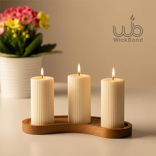 Samy Candle Cove Soy Wax Ribbed Pillar Candle Set of 3 – 2x3 Scented Candles for Home Decor, Spa, Diwali, Wedding, Valentine & X-Mass (Vanilla)
