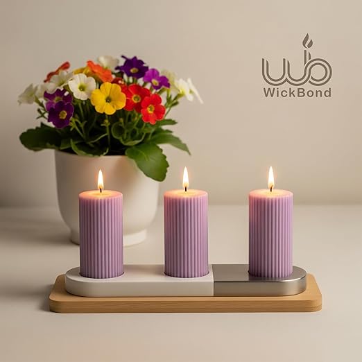 Samy Candle Cove Soy Wax Ribbed Pillar Candle Set of 3 – 2x3 Scented Candles for Home Decor, Spa, Diwali, Wedding, Valentine & X-Mass (Lavender)