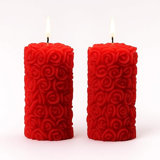 Samy Candle Cove Rose Pillar Scented Candles – Set of 2 Red Decorative Wax Candles for Home Décor & Gifting | Long-Lasting Floral Aroma | Romantic Ambience for Living Room & Bedroom (Rose)