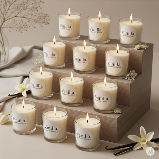 Samy Candle Cove Votive Candle Set of 12 – Glass Filled Candles with Natural Wax & Lead-Free Wicks | 10-Hour Burn Time | Clean Burning, Non-Toxic | Ideal for Home Décor, Events & Gifting (Vanilla)