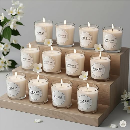 Samy Candle Cove Votive Candle Set of 12 – Glass Filled Candles with Natural Wax & Lead-Free Wicks | 10-Hour Burn Time | Clean Burning, Non-Toxic | Ideal for Home Décor, Events & Gifting (Jasmine))