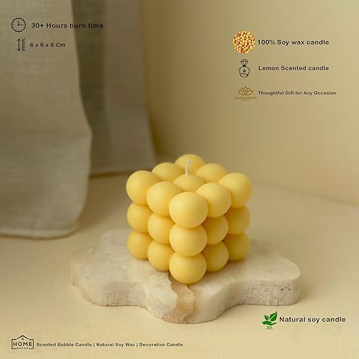 Samy Candle Cove Scented Bubble Candles, Set of 2 Handmade Soy Wax Cube Candles, Home Decor and Gifting (Lemon)