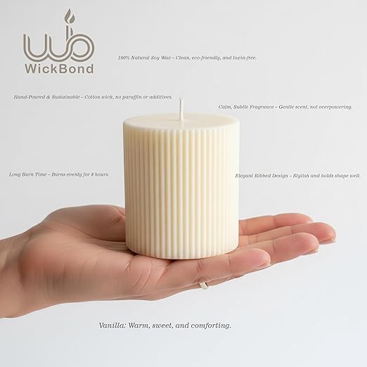Samy Candle Cove Soy Wax Ribbed Pillar Candle Set of 3 – 2x3 Scented Candles for Home Decor, Spa, Diwali, Wedding, Valentine & X-Mass (Vanilla)