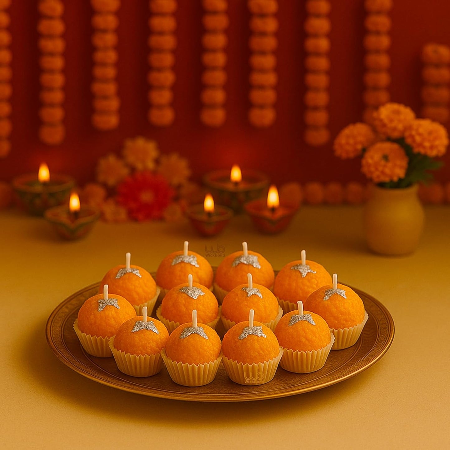 Samy Candle Cove Motichoor Ladoo Scented Candle | Handcrafted Soy Wax Sweet Aroma Candle for Diwali, Pooja, Gifting & Home Décor | Realistic Mithai Look | Set of 12