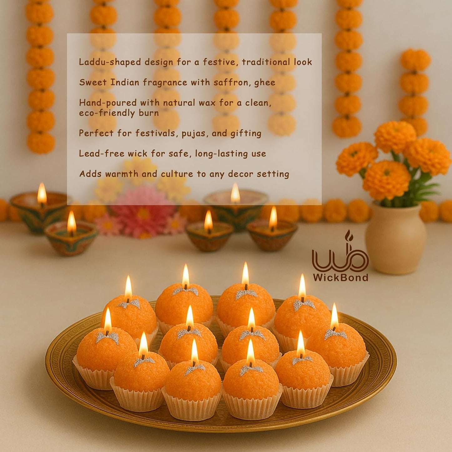 Samy Candle Cove Motichoor Ladoo Scented Candle | Handcrafted Soy Wax Sweet Aroma Candle for Diwali, Pooja, Gifting & Home Décor | Realistic Mithai Look | Set of 12