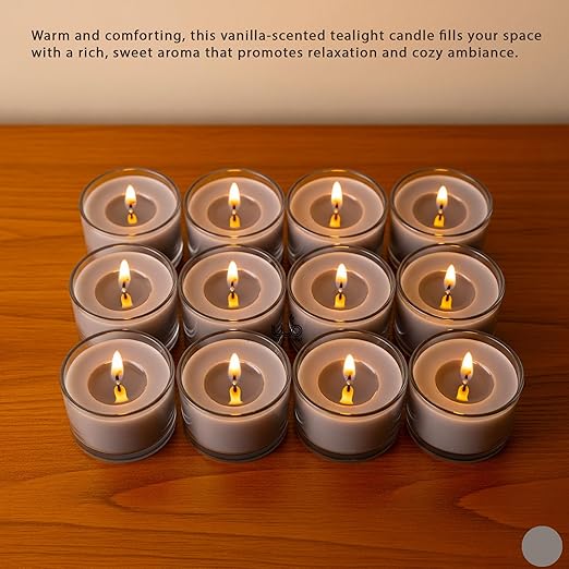 Samy Candle Cove Set of 12 Scented Soy Wax Tealight Candles – Smokeless, Drip-Free, 4-Hour Burn Time – Ideal for Home Décor, Pooja, Spa & Gifting (Vanilla)