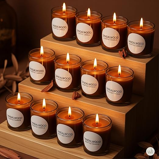 Samy Candle Cove Votive Candle Set of 12 – Glass Filled Candles with Natural Wax & Lead-Free Wicks | 10-Hour Burn Time | Clean Burning, Non-Toxic | Ideal for Home Décor, Events & Gifting (Sandalwood))