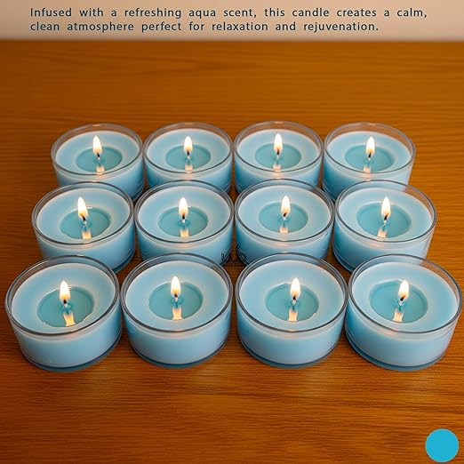 Samy Candle Cove Set of 12 Scented Soy Wax Tealight Candles – Smokeless, Drip-Free, 4-Hour Burn Time – Ideal for Home Décor, Pooja, Spa & Gifting (Aqua)
