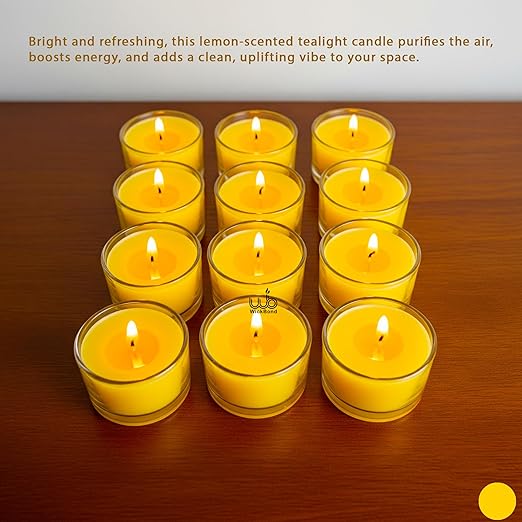 Samy Candle Cove Set of 12 Scented Soy Wax Tealight Candles – Smokeless, Drip-Free, 4-Hour Burn Time – Ideal for Home Décor, Pooja, Spa & Gifting (Lemon)