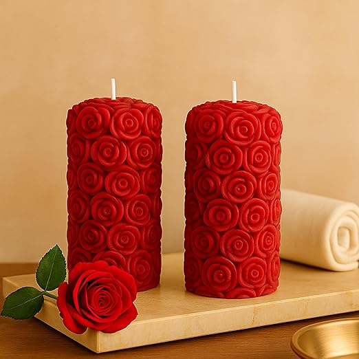 Samy Candle Cove Rose Pillar Scented Candles – Set of 2 Red Decorative Wax Candles for Home Décor & Gifting | Long-Lasting Floral Aroma | Romantic Ambience for Living Room & Bedroom (Rose)