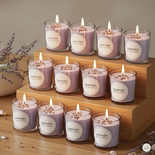 Samy Candle Cove Votive Candle Set of 12 – Glass Filled Candles with Natural Wax & Lead-Free Wicks | 10-Hour Burn Time | Clean Burning, Non-Toxic | Ideal for Home Décor, Events & Gifting (Lavender))