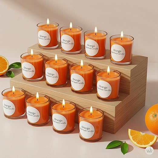 Samy Candle Cove Votive Candle Set of 12 – Glass Filled Candles with Natural Wax & Lead-Free Wicks | 10-Hour Burn Time | Clean Burning, Non-Toxic | Ideal for Home Décor, Events & Gifting (Orange))