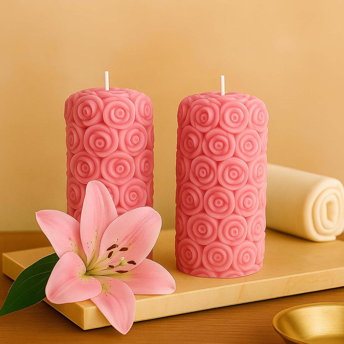 Samy Candle Cove Rose Pillar Scented Candles – Set of 2 Red Decorative Wax Candles for Home Décor & Gifting | Long-Lasting Floral Aroma | Romantic Ambience for Living Room & Bedroom (Lily)