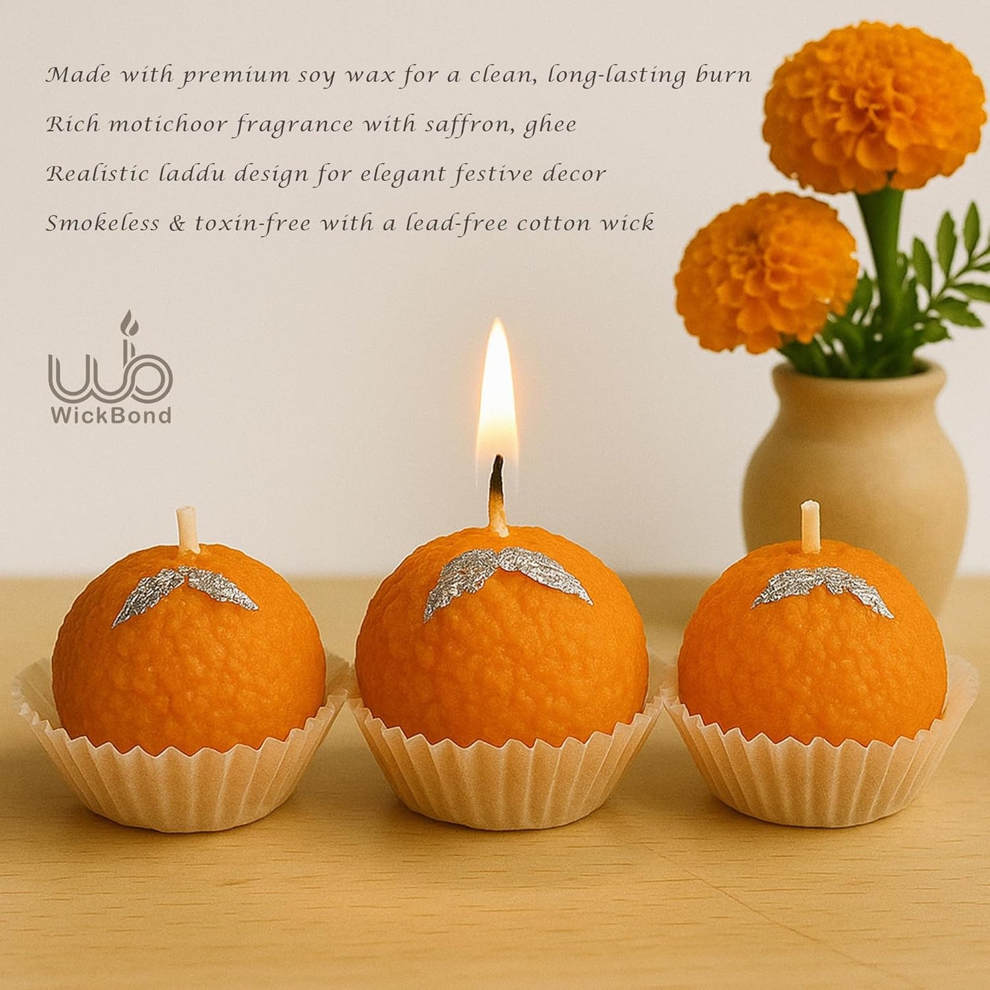 Samy Candle Cove Motichoor Ladoo Scented Candle | Handcrafted Soy Wax Sweet Aroma Candle for Diwali, Pooja, Gifting & Home Décor | Realistic Mithai Look | Set of 12