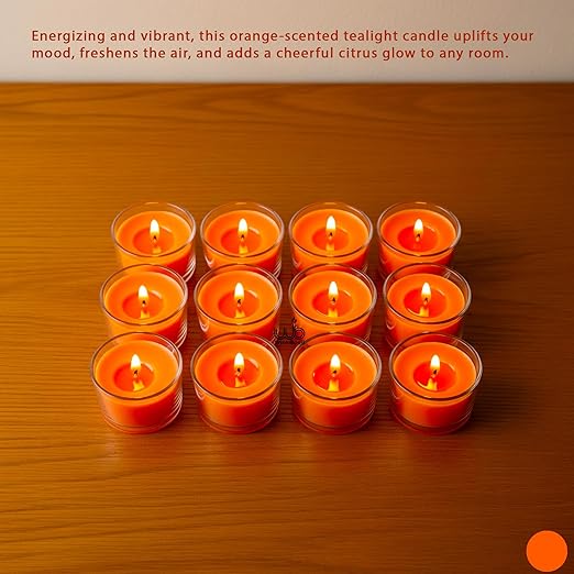 Samy Candle Cove Set of 12 Scented Soy Wax Tealight Candles – Smokeless, Drip-Free, 4-Hour Burn Time – Ideal for Home Décor, Pooja, Spa & Gifting (Orange)
