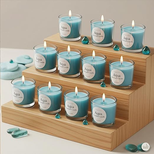 Samy Candle Cove Votive Candle Set of 12 – Glass Filled Candles with Natural Wax & Lead-Free Wicks | 10-Hour Burn Time | Clean Burning, Non-Toxic | Ideal for Home Décor, Events & Gifting (Aqua))