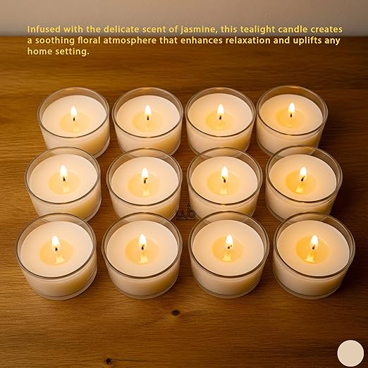 Samy Candle Cove Set of 12 Scented Soy Wax Tealight Candles – Smokeless, Drip-Free, 4-Hour Burn Time – Ideal for Home Décor, Pooja, Spa & Gifting (Jasmine)