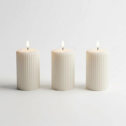 Samy Candle Cove Soy Wax Ribbed Pillar Candle Set of 3 – 2x3 Scented Candles for Home Decor, Spa, Diwali, Wedding, Valentine & X-Mass (Vanilla)