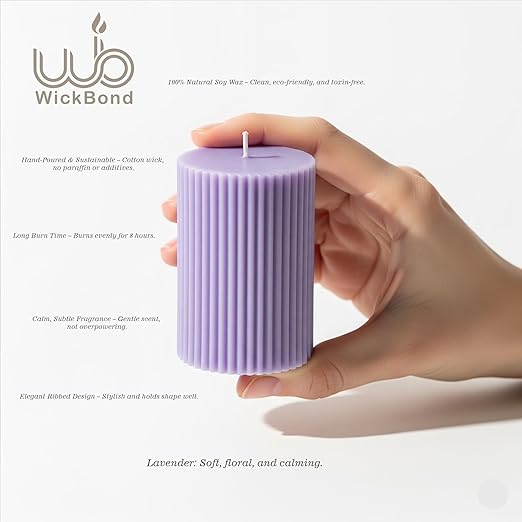 Samy Candle Cove Soy Wax Ribbed Pillar Candle Set of 3 – 2x3 Scented Candles for Home Decor, Spa, Diwali, Wedding, Valentine & X-Mass (Lavender)