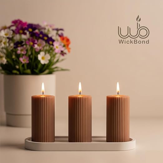 Samy Candle Cove Soy Wax Ribbed Pillar Candle Set of 3 – 2x3 Scented Candles for Home Decor, Spa, Diwali, Wedding, Valentine & X-Mass (Sandalwood)