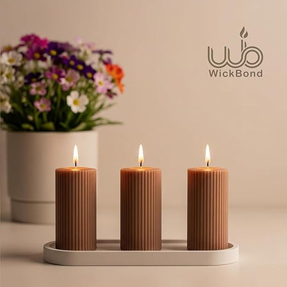 Samy Candle Cove Soy Wax Ribbed Pillar Candle Set of 3 – 2x3 Scented Candles for Home Decor, Spa, Diwali, Wedding, Valentine & X-Mass (Sandalwood)